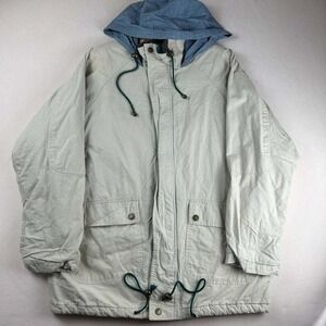 Vintage 90s River Edge Retro Utility Field Coat Size‎ Medium Hooded Leather Trim